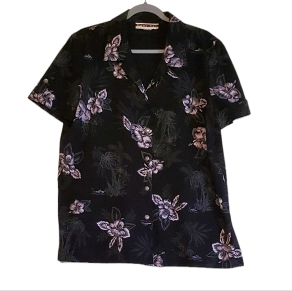 Dana Kay Button Down Shirt Floral Black Dressy Blouse Top Plus Size 1X Women